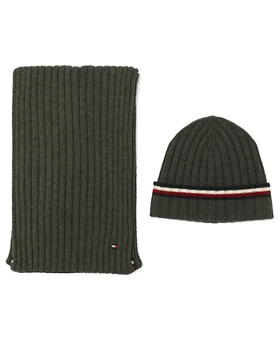 Tommy Hilfiger Men's 2-Piece Wide Rib Global Stripe Cuff Beanie and Scarf Set