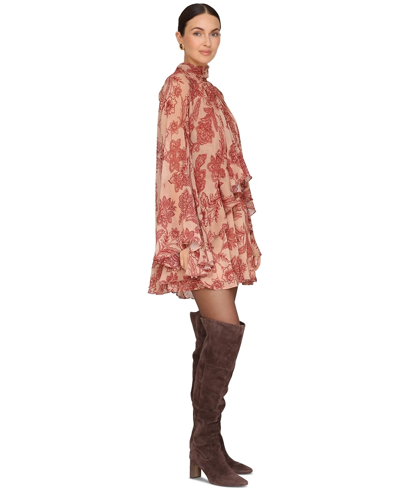 Avec Les Filles Women's Mock Neck Tiered Ruffle Mini Dress