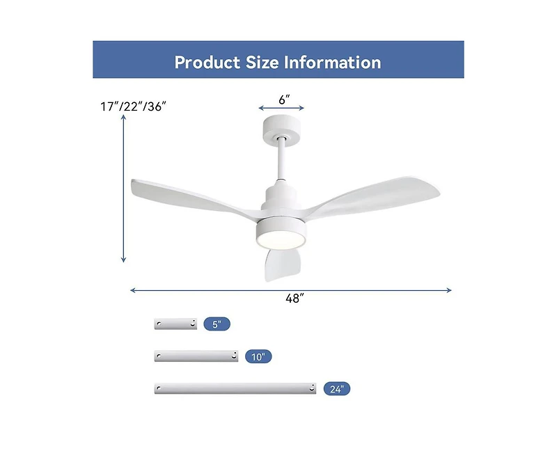 48-inch Modern White Downrod Indoor Walnut Wood 3-Blade Led Ceiling Fan Light with Remote Control Support Six Speed Ajustable