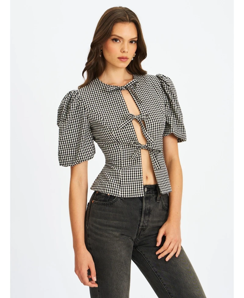 Miss Circle Women's Qusayla Black Gingham Bubble Sleeve Bowtie Top