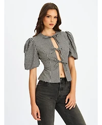 Miss Circle Women's Qusayla Black Gingham Bubble Sleeve Bowtie Top