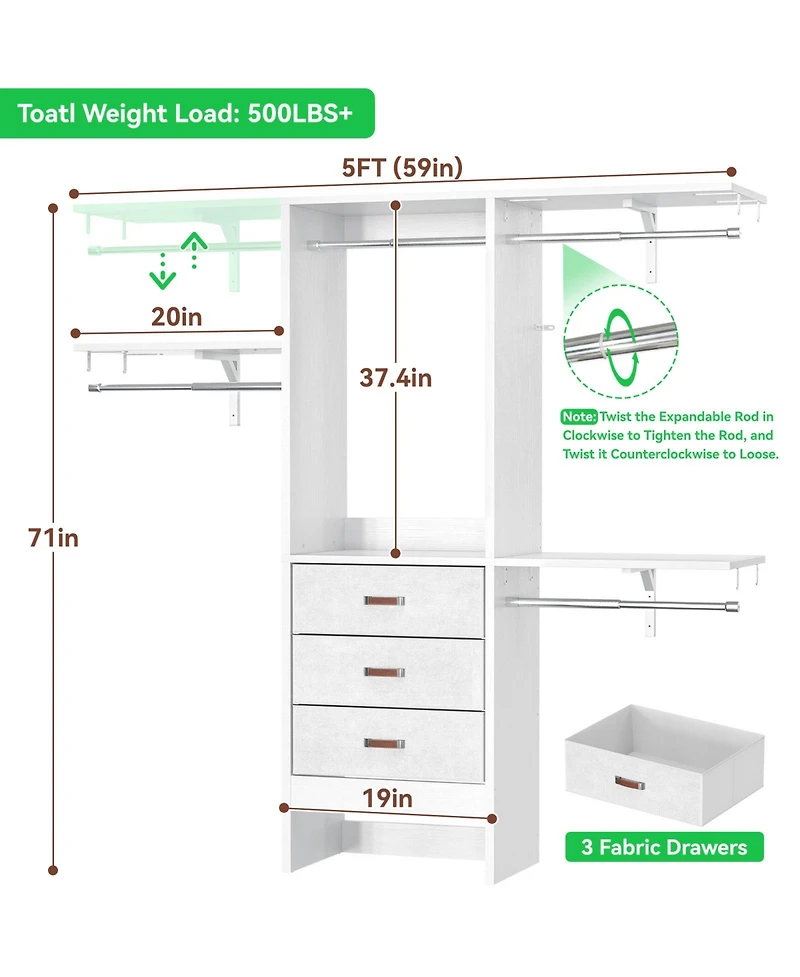 Aheaplus 5FT Small Closet Organizer System with 3 Fabric Drawers, 60" Shelving Towers