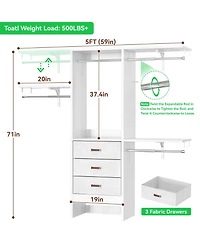 Aheaplus 5FT Small Closet Organizer System with 3 Fabric Drawers, 60" Shelving Towers