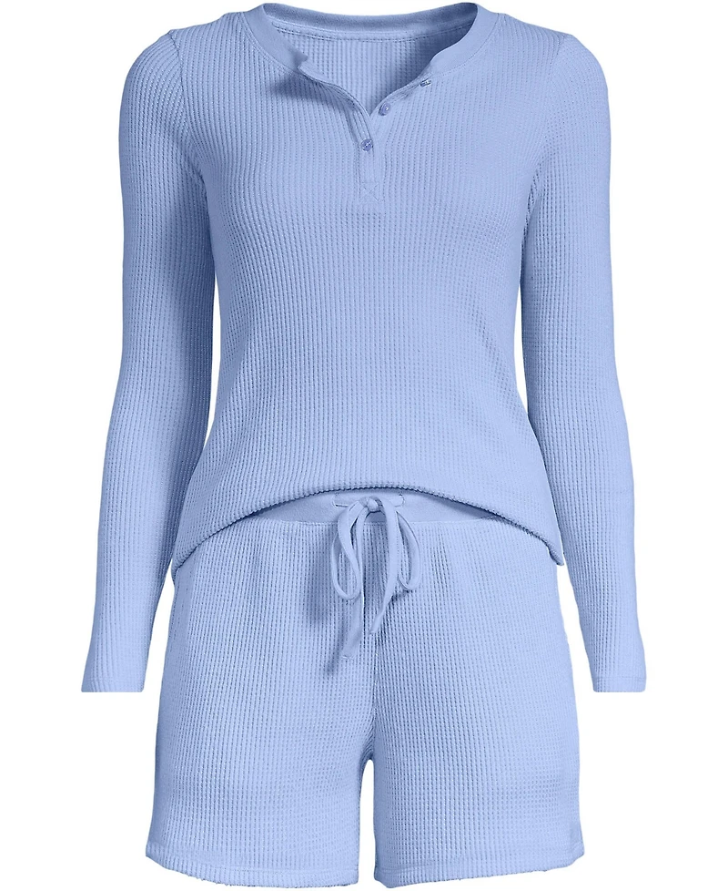 Lands' End Women's Brushed Cozy Waffle 2 Piece Pajama Set - Long Sleeve Top and Shorts