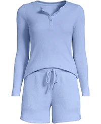 Lands' End Women's Brushed Cozy Waffle 2 Piece Pajama Set - Long Sleeve Top and Shorts