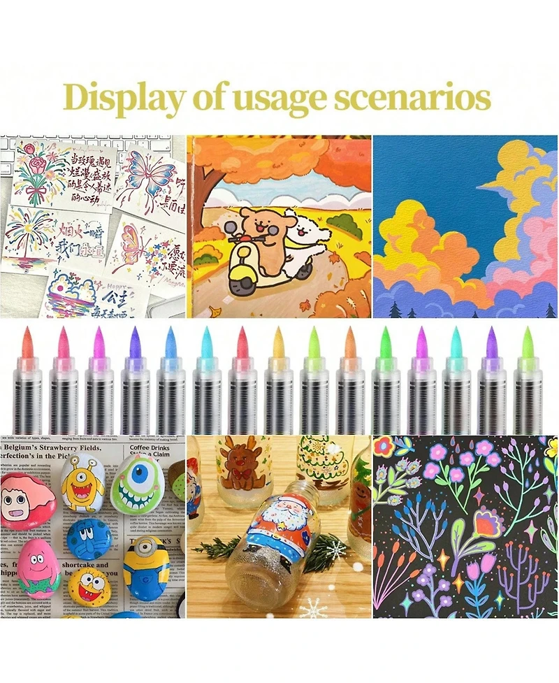 Htutwoo 12 Vivid Colors, Acrylic Paint Markers Brush Tip, with Direct-Liquid Ink System,for Rock Painting, Plastic, Fabric and Creative Crafts