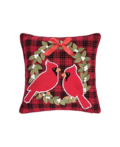 Red Cardinal on Holly Wreath Plaid Cotton Blend Christmas Tufted Accent Throw Pillow 18" x 18"
