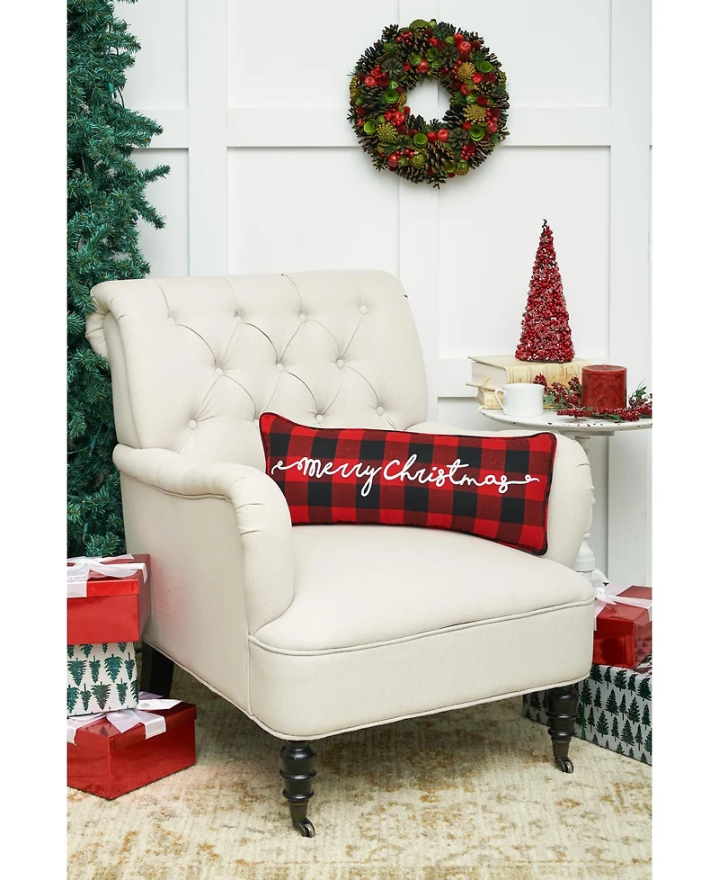 C&F Home Plaid Checkered "Merry Christmas" Embroidered Cotton Blend Mini Accent Pillow 9" x 22"