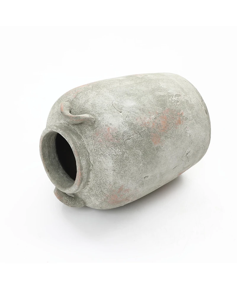 LuxenHome Rustic Old-World Gray with Brown 13.4-Inch Tall Round Terracotta Jug Vase with Handles