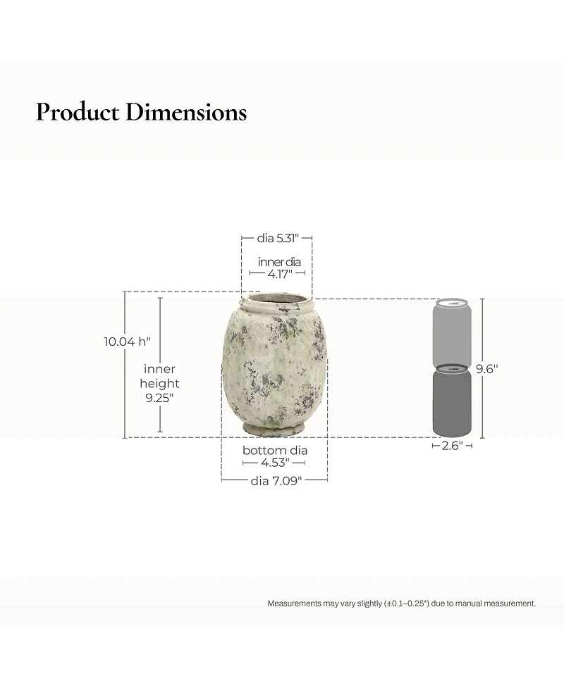 LuxenHome Antique Terracotta Vase, 10-Inch Tall Off-White Pot with Mossy Green Patina, Rustic Decor