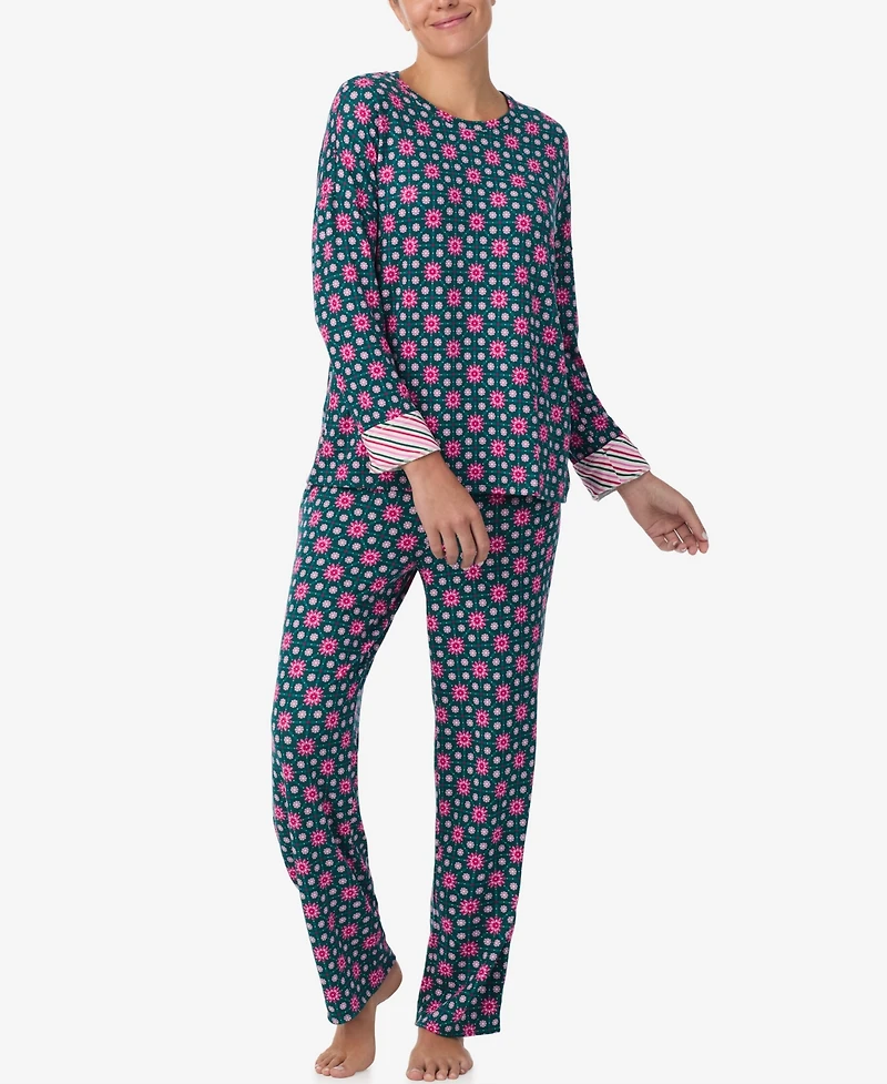 Ellen Tracy Women's Printed Round Neck Top and Pants Pajama Set
