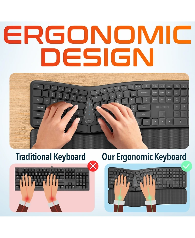 Delton KB250 Ergonomic Wireless Rechargeable Keyboard with Wrist Rest Pad (DKBE250-wr)