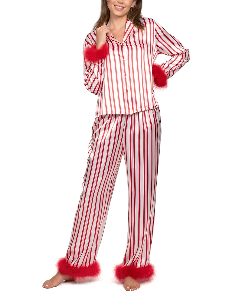 Linea Donatella Women's 2-Piece Marabou Stripe Top and Pants Pajama Set