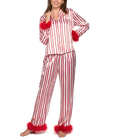 Linea Donatella Women's 2-Piece Marabou Stripe Top and Pants Pajama Set