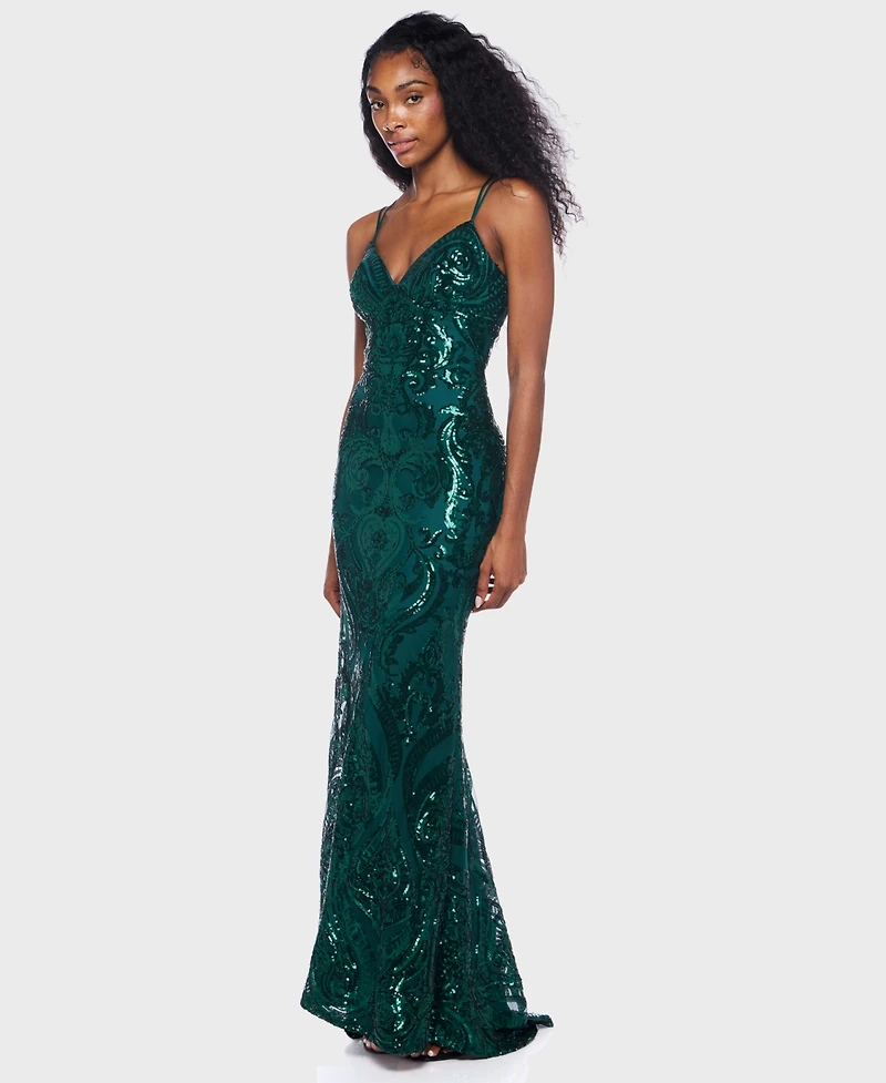 B Darlin Juniors' Sequin-Pattern Lace-Up V-Neck Gown, Created for Macy's
