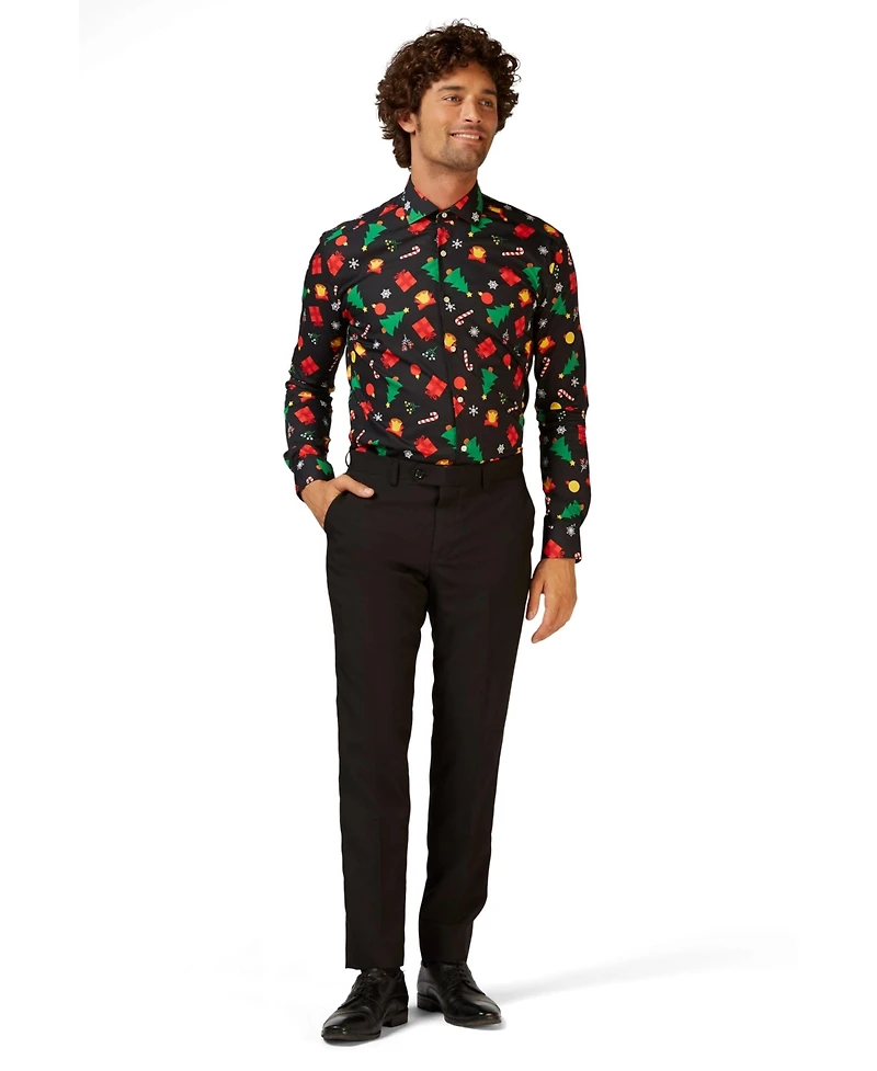 OppoSuits Men's Christmas Shirt - Festive Holiday Icons Button Up Dress Shirt - Slim Fit - Black - Long sleeve
