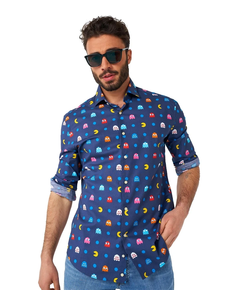 OppoSuits Big & Tall Pixel Official Pac-man Shirt - Retro Gaming Outfit Including 1 Button- Up Blue Long sleeve