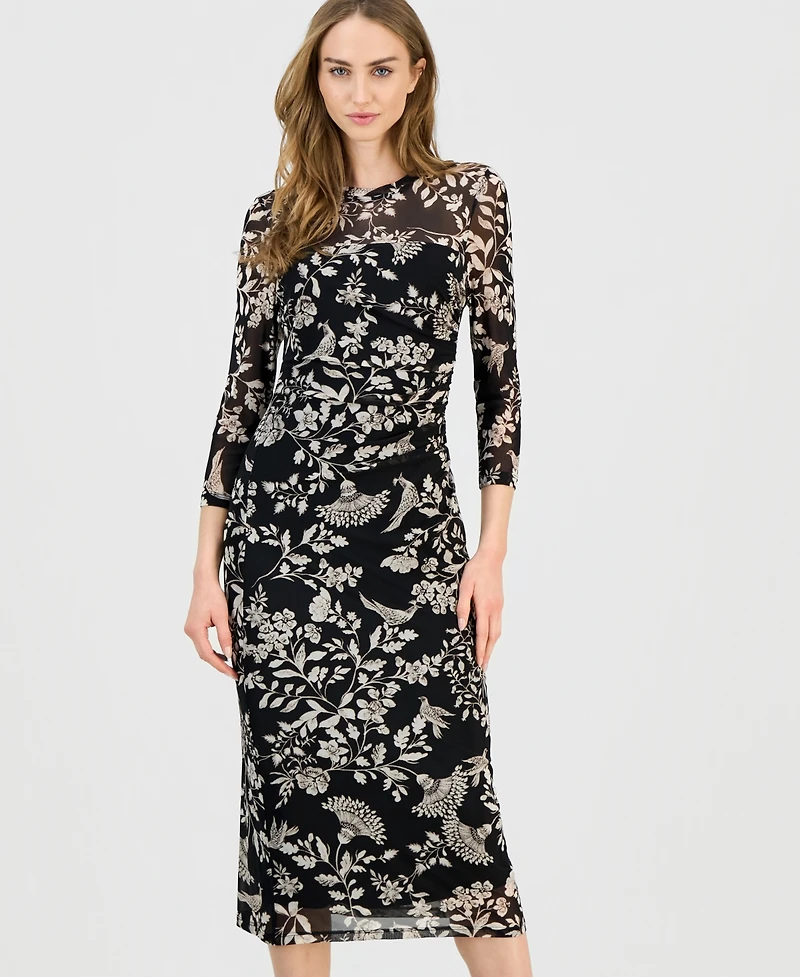 Anne Klein Women's Side-Ruched 3/4-Sleeve Midi Dress