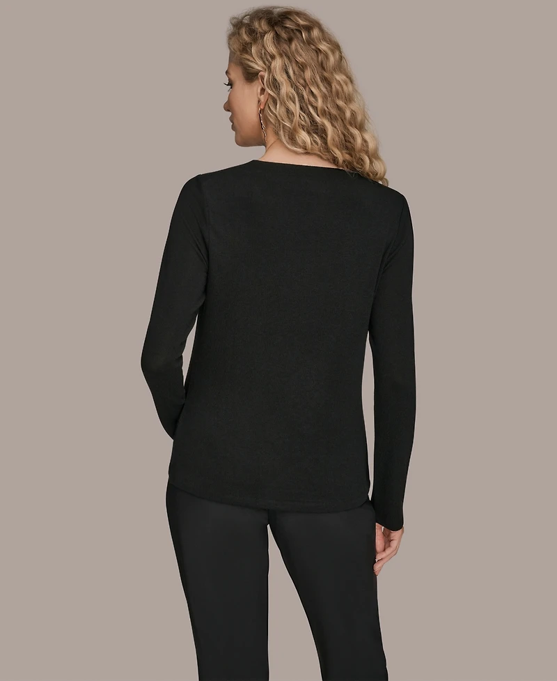 Donna Karan New York Women's Floral Detail Long Sleeves Relaxed Top