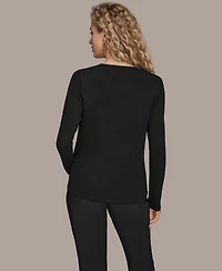 Donna Karan New York Women's Floral Detail Long Sleeves Relaxed Top