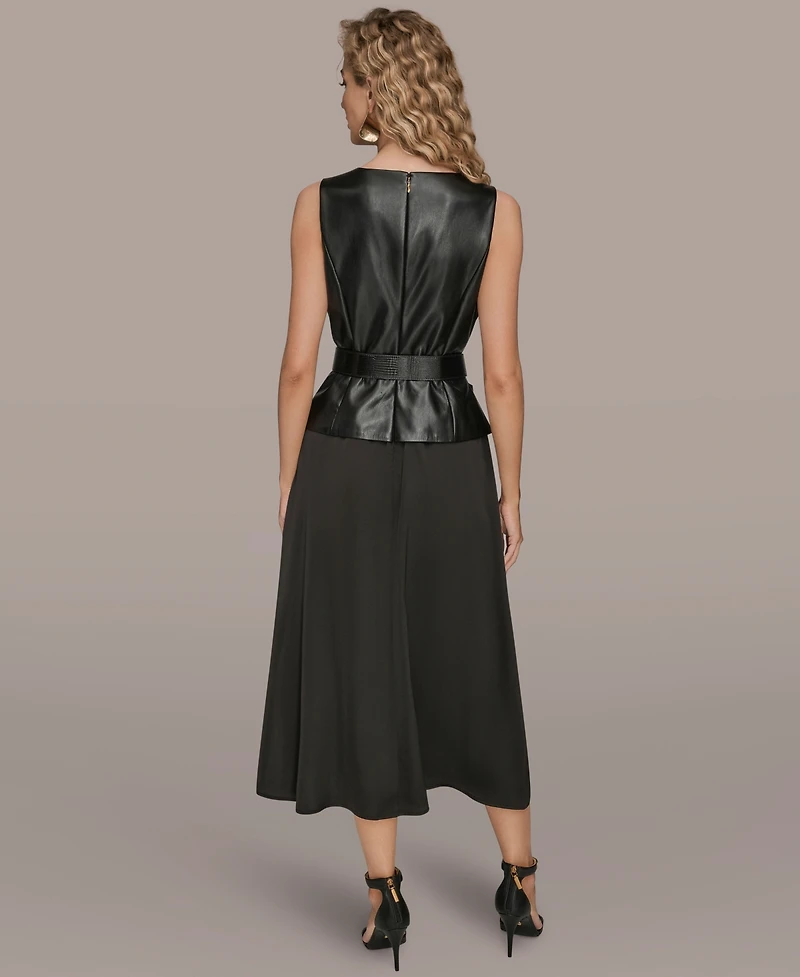 Donna Karan New York Women's Sleeveless Mixed Media Belted Midi Dress