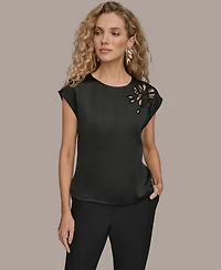 Donna Karan New York Women's Embroidered Cap Sleeve Crewneck Top
