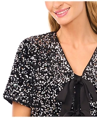 CeCe Women's Cropped Velvet Sequin Short Sleeve Top