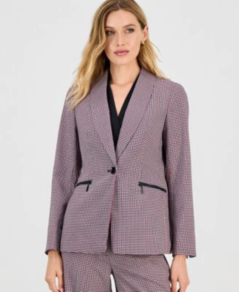 Kasper Womens Houndstooth One Button Jacket Houndstooth Wide Leg Pants