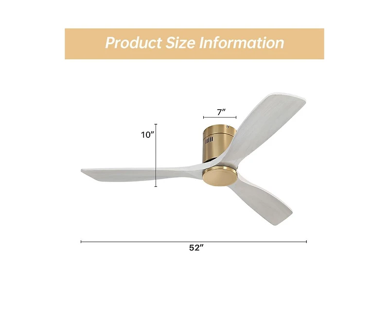52-inch Modern Golden Sliver 3 Solid Wood Blade Ceiling Fan with 6-speed Remote Control and Forward Reverse Rotation Function for Indoor