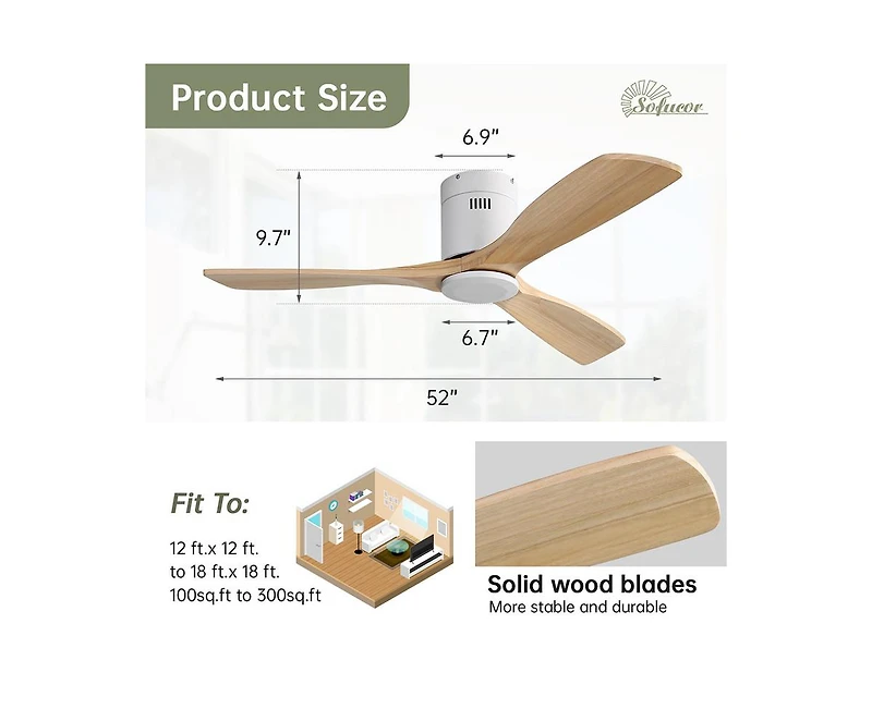 52-inch Modern White 3 Solid Wood Blade Ceiling Fan with 6-speed Remote Control and Forward Reverse Rotation Function for Indoor