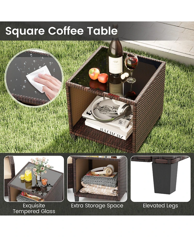 Gymax 3-Piece Patio Furniture Set Pe Rattan Conversation Set w/ Glass Coffee Table Outdoor