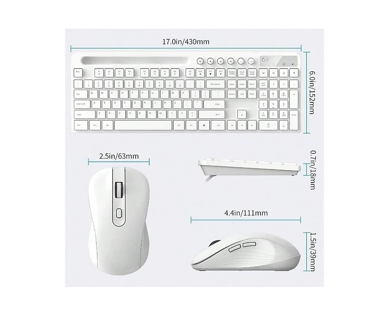 Risokeys Wireless Keyboard And Mouse Combo, 2.4G Wireless Computer Keyboard With Phone Tablet Holder, Silent Mouse With 6 Button, Compatible With, Whi
