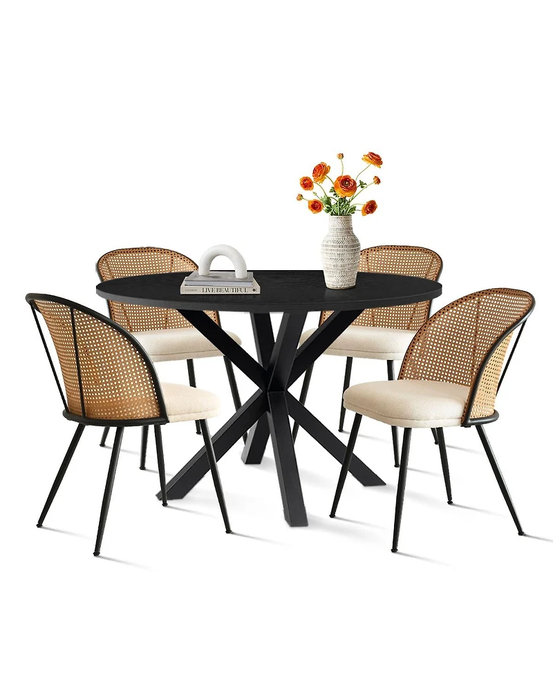 Maison Boucle 5 Pc Dining Set, 39.4" Round Table with Starburst Base & 4 Faux Rattan Cushioned Chairs