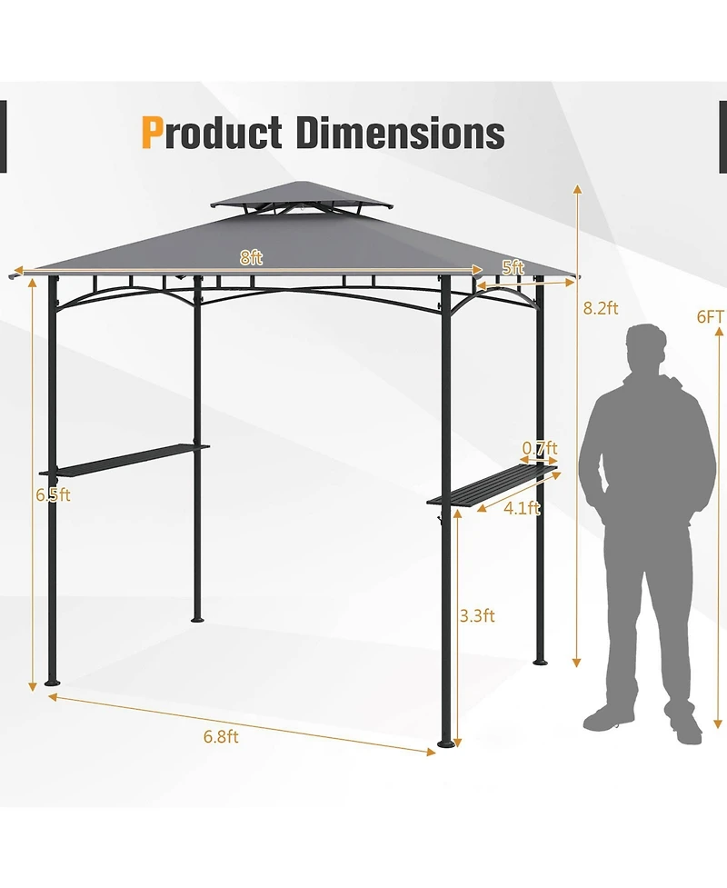 Gymax 8' x 5' Grill Gazebo Outdoor Double-Tiered Grill Canopy w/ 2 Shelves & 6 Hooks