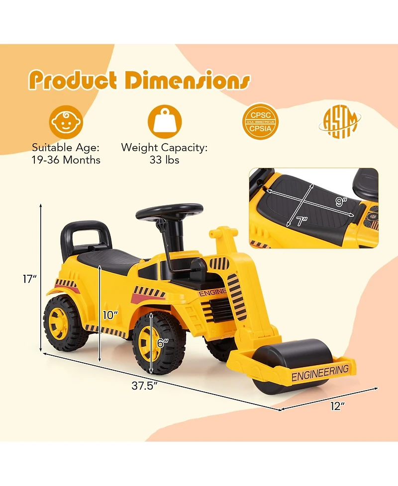 Toddler Ride on Car with Adjustable Roller and Under-Seat Storage
