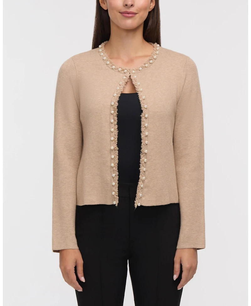 Ellen Tracy Women's Long Sleeve Open Cardigan with Pearl Trim