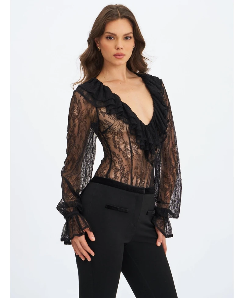 Miss Circle Women's Taliah Black Sheer Lace Ruffled Collar Bodysuit