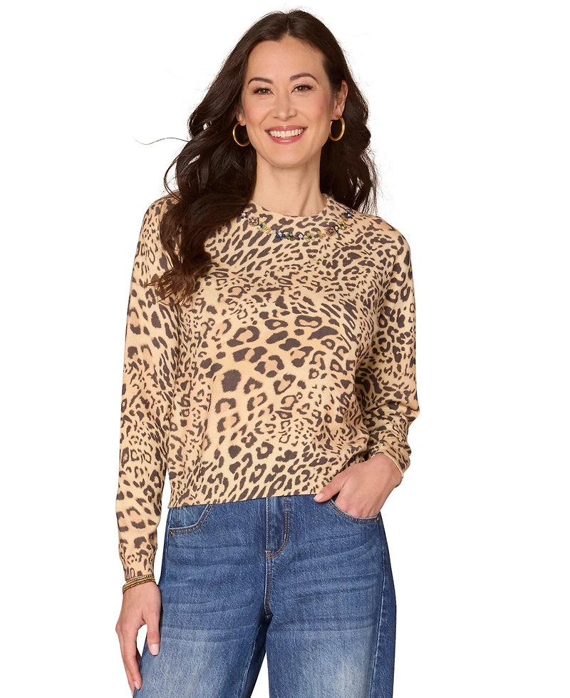 Democracy Women's Long Sleeve Sequin Printed Sweater