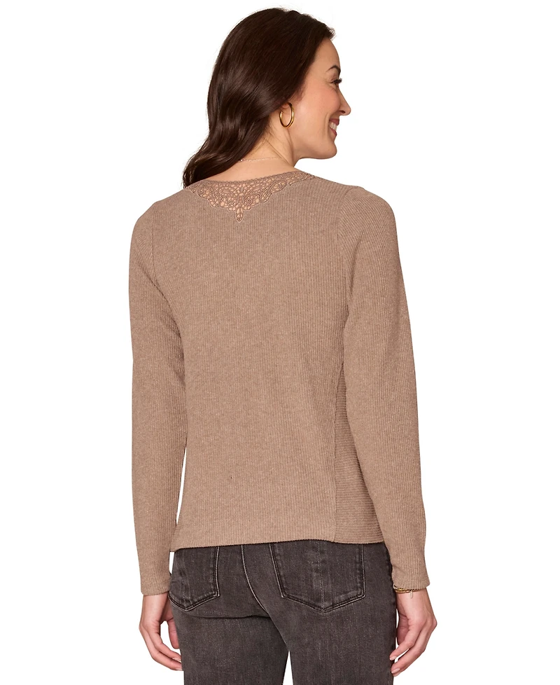 Democracy Women's Long Sleeve Crochet V-Neck Top