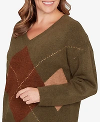Hearts Of Palm Plus Size Argyle Long Sleeve V-Neck Sweater