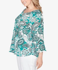 Hearts Of Palm Plus Printed Woven Crinkle 3/4 Sleeve Top