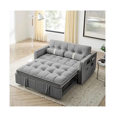 55.5" Pull-Out Sleeper Sofa Bed with Usb Ports & Adjustable Backrest, 2-Seater Convertible Couch Pillows for Small Spaces-Maison Boucle