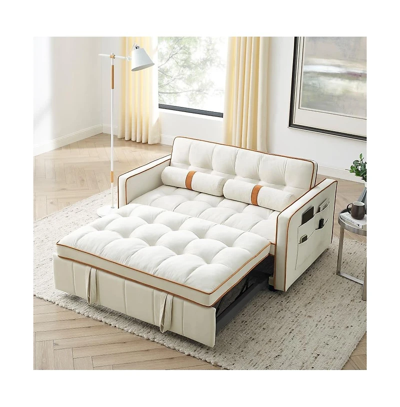 55.5" Pull-Out Sleeper Sofa Bed with Usb Ports & Adjustable Backrest, 2-Seater Convertible Couch Pillows for Small Spaces-Maison Boucle
