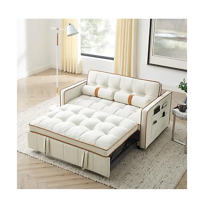 55.5" Pull-Out Sleeper Sofa Bed with Usb Ports & Adjustable Backrest, 2-Seater Convertible Couch Pillows for Small Spaces-Maison Boucle