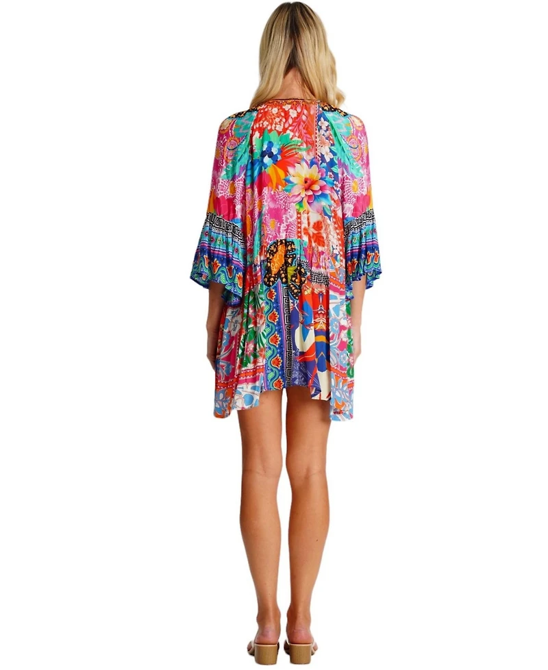 La Moda Clothing Women's Multicolor Mini Dress with Side Asymmetrical Hem and Beaded Neckline