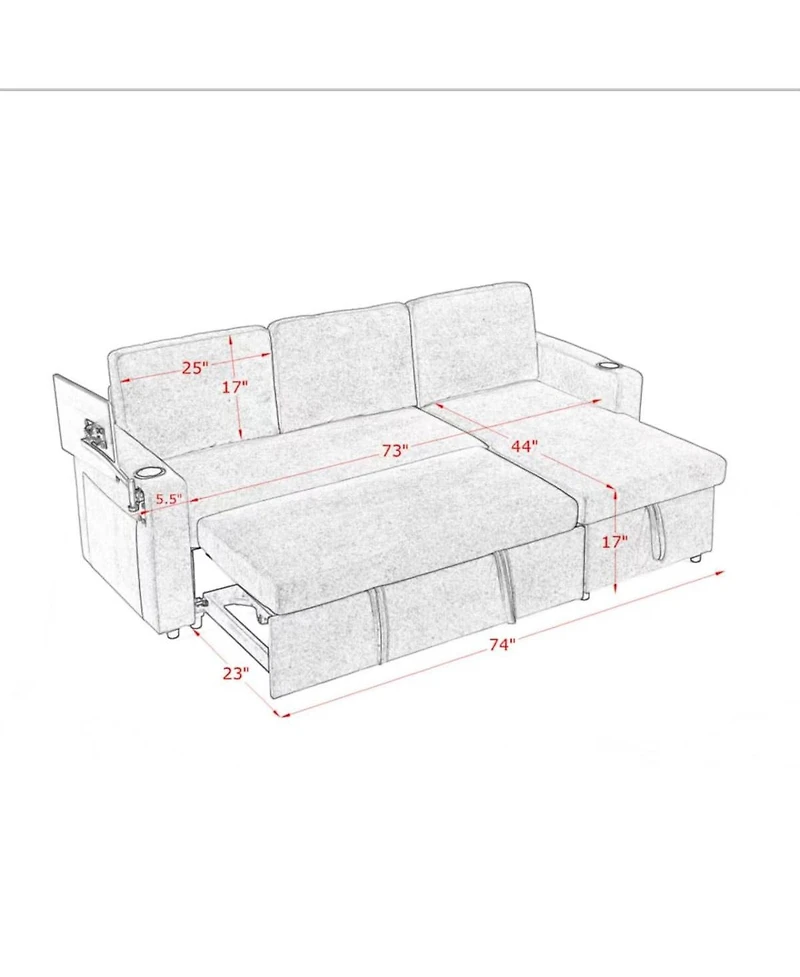 Maison Boucle Modern Chenille Pull-Out Sofa Bed with Led Lights, Usb Ports & Cup Holders, Sleeper Couch Storage for Living Room-Maison