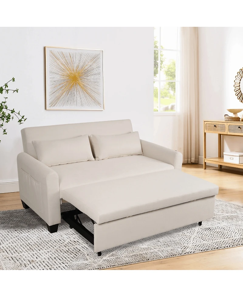 Maison Boucle 61" Pull-Out Linen Sofa Bed, Extra-Wide Convertible Sleeper Loveseat with Storage Pocket & Wheels for Apartments Guest Rooms-Maison Bo