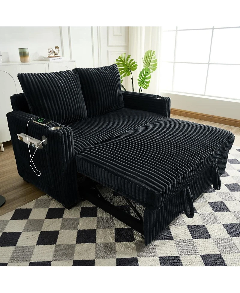 Maison Boucle Modern Corduroy Sofa Bed with Adjustable Backrest, Usb Charging, Pull-Out Sleeper, Cup Holders & Storage-Maison