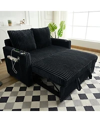 Maison Boucle Modern Corduroy Sofa Bed with Adjustable Backrest, Usb Charging, Pull-Out Sleeper, Cup Holders & Storage-Maison