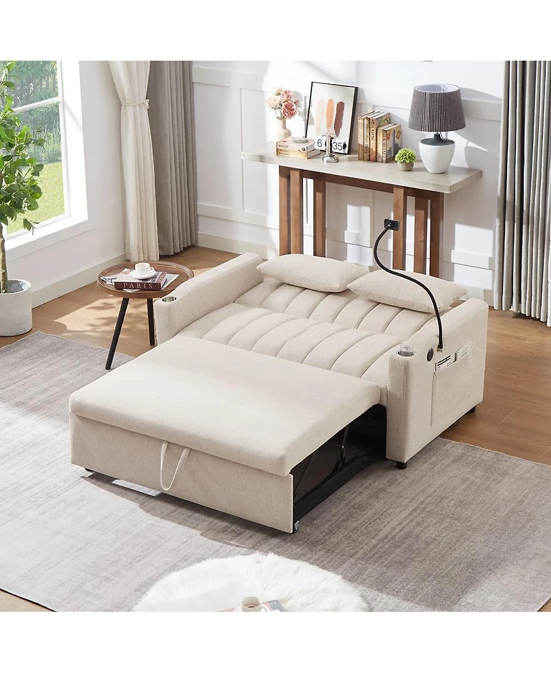 Maison Boucle 55.9" Pull Out Sofa Bed with Usb Ports, Cup Holders & Side Pockets, Adjustable Backrest Convertible Sleeper for Small Spaces-Maison Bouc